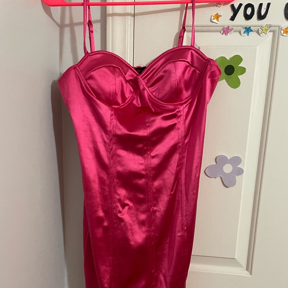 Hot pink silky dress, perfect for dates, or just looking hot in general